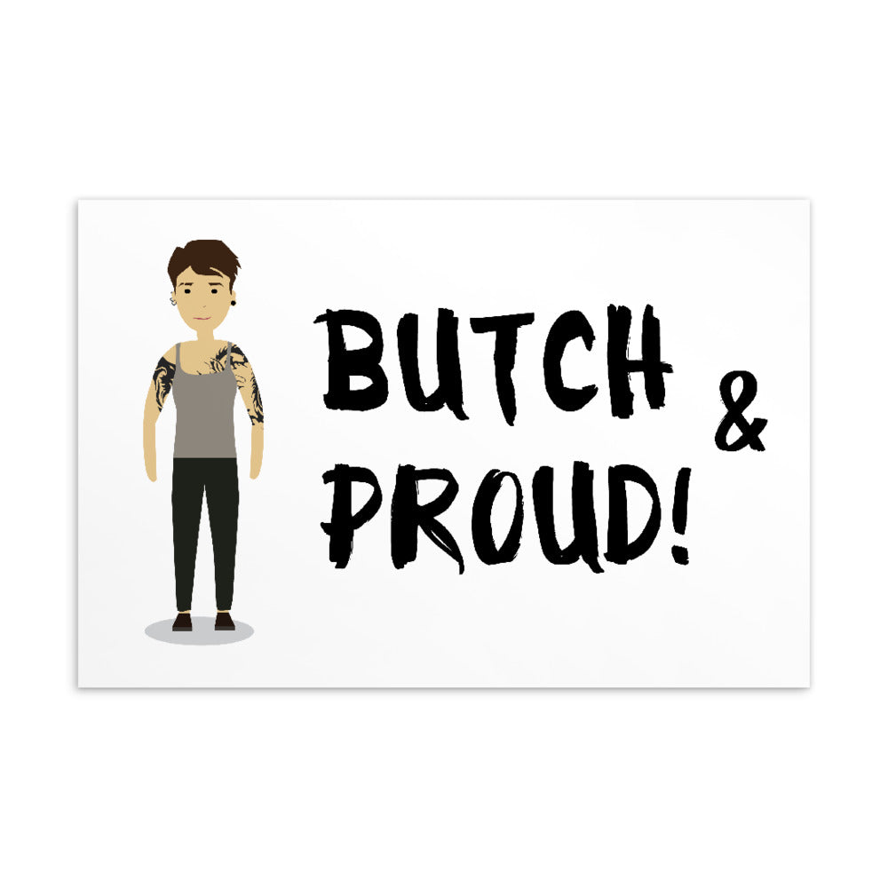 Postcard featuring an illustrated tattooed person beside the words “BUTCH & PROUD!”
