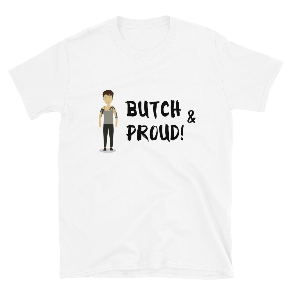 White T-shirt with tattooed character graphic and “BUTCH & PROUD!” slogan
