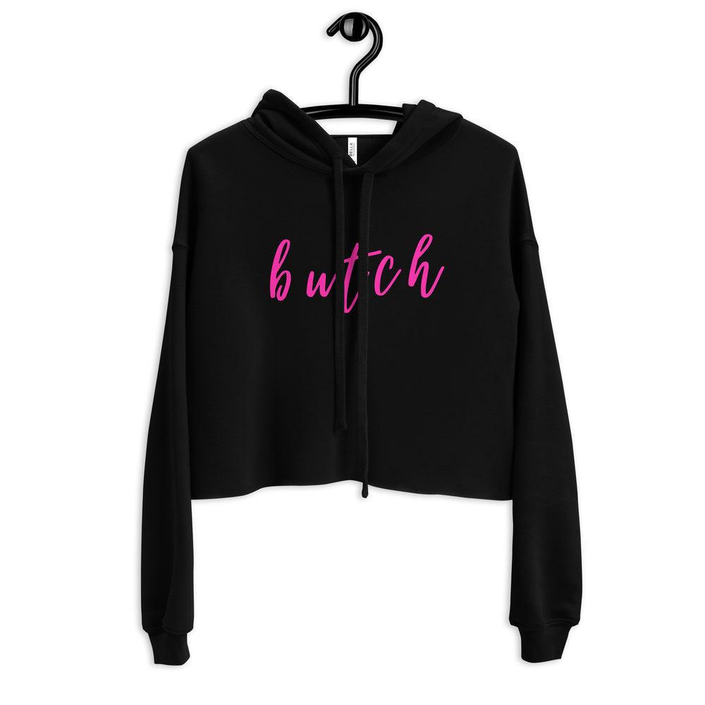 Black cropped hoodie on a hanger with pink cursive “butch” lettering