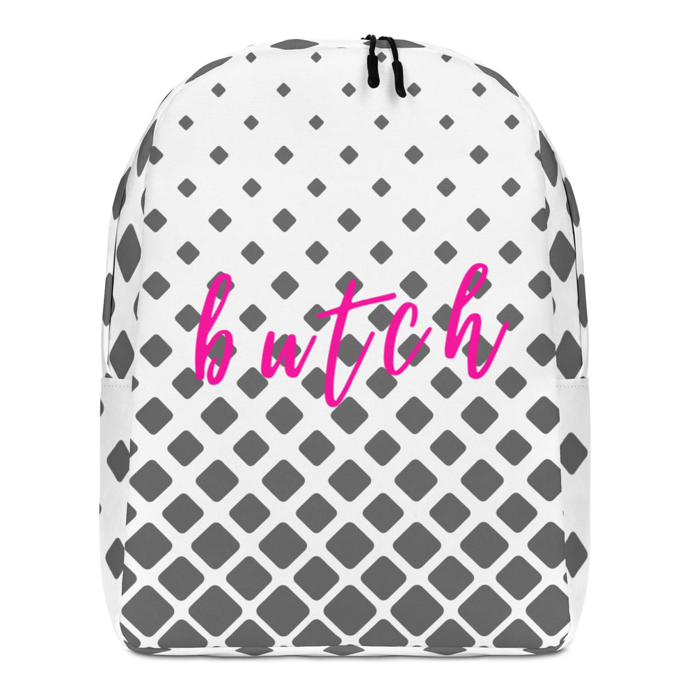 Front view of a white backpack with gray diamond pattern and pink “butch” lettering