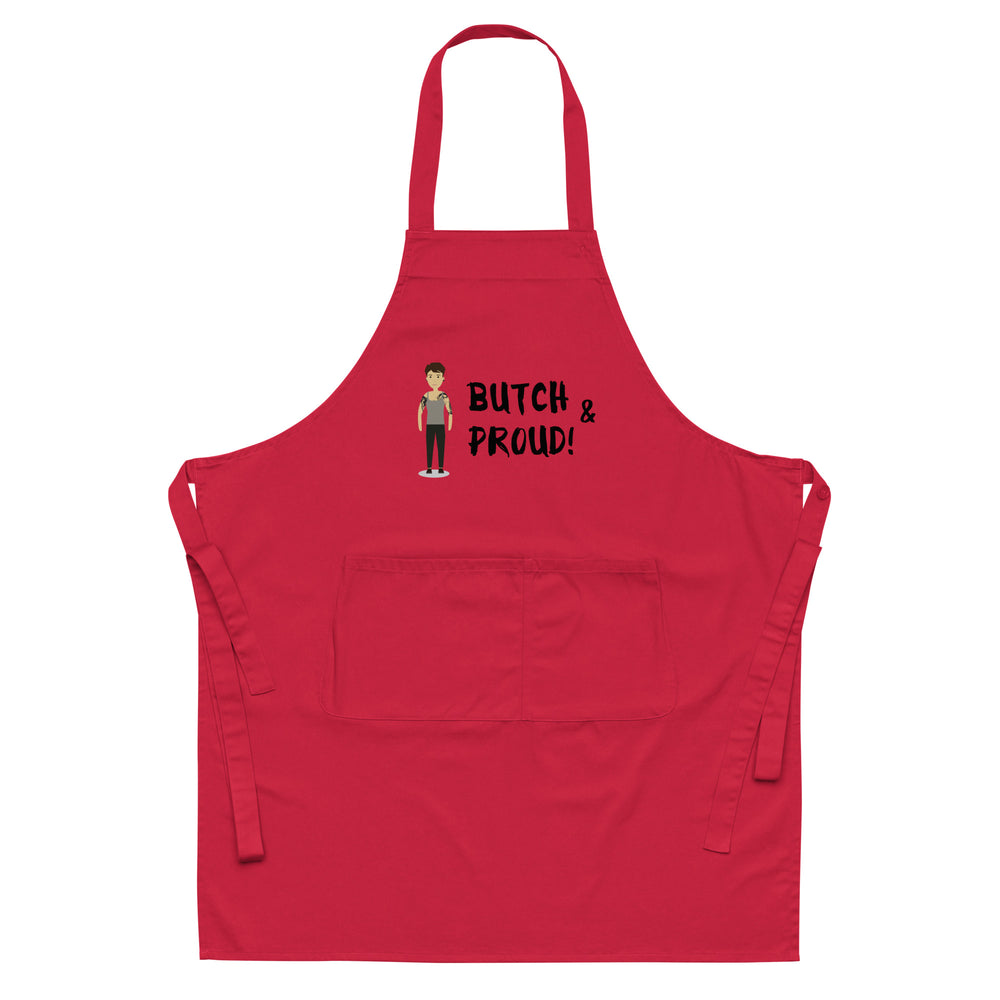 Red apron with neck loop, waist ties, front pocket, and “BUTCH & PROUD!” graphic