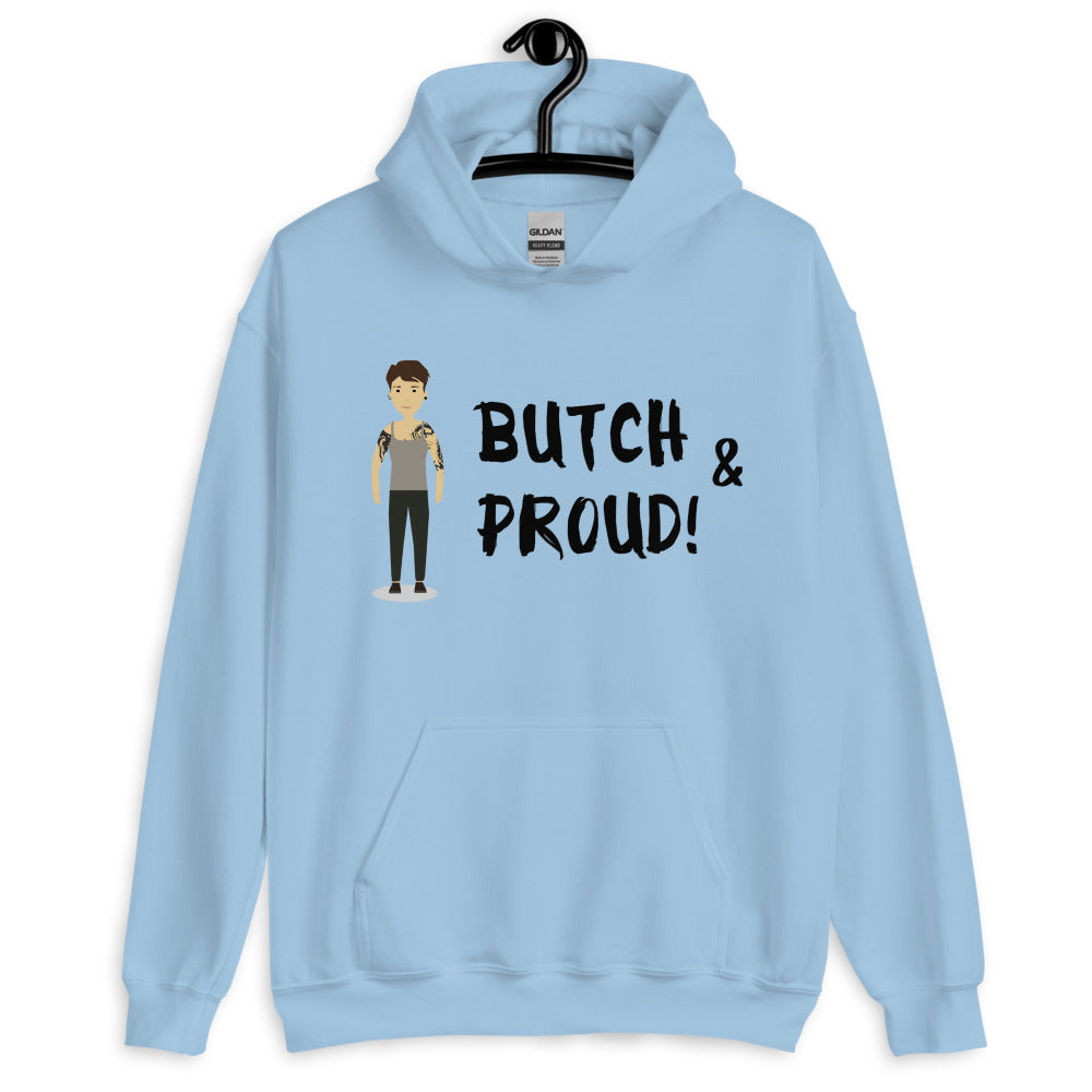 Light blue hoodie on a hanger with a cartoon figure and “BUTCH & PROUD!” text