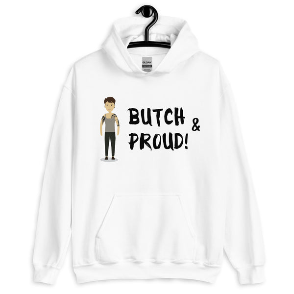 Front view of a white hoodie reading “BUTCH & PROUD!” with a tattooed cartoon figure