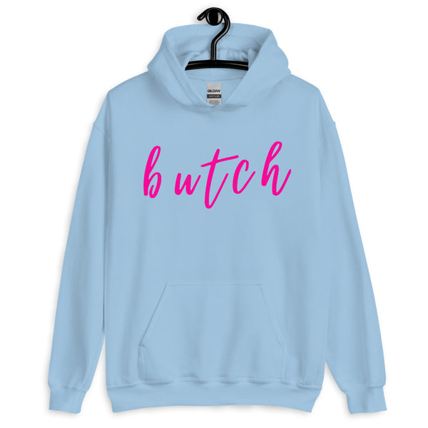 Front view of a light blue hoodie on a hanger with pink “butch” lettering