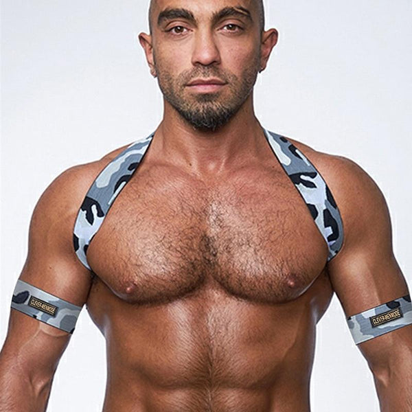 Gray camouflage elastic chest harness with matching upper-arm bands on a model