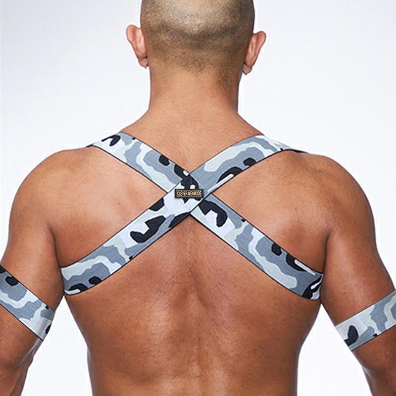 Rear view of a gray camouflage elastic chest harness with crossed back straps and matching arm bands