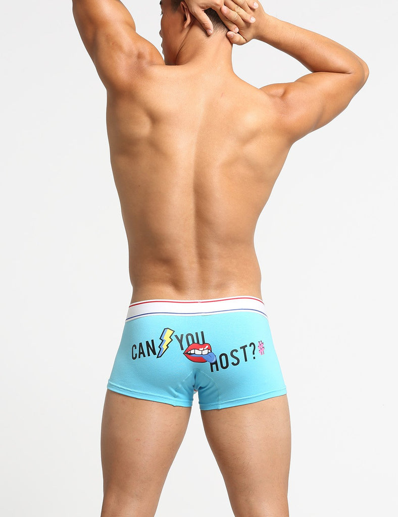 Rear view of turquoise boxer briefs with “CAN YOU HOST?” graphic and striped waistband