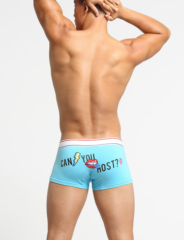 Rear view of turquoise boxer briefs with “CAN YOU HOST?” graphic and striped waistband