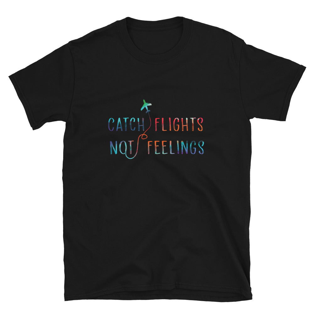 Black T-shirt with colorful airplane graphic and the slogan “CATCH FLIGHTS NOT FEELINGS”