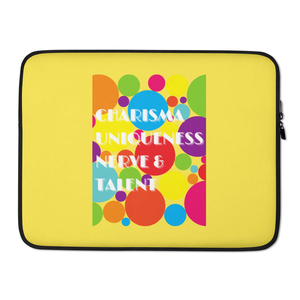Yellow laptop sleeve with black trim and colorful circles spelling “CHARISMA UNIQUENESS NERVE & TALENT”