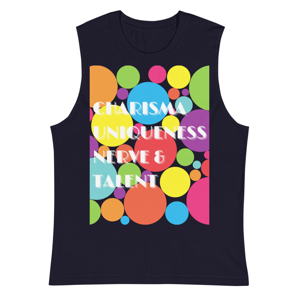 Navy sleeveless muscle tank with colorful circles and “CHARISMA UNIQUENESS NERVE & TALENT” text