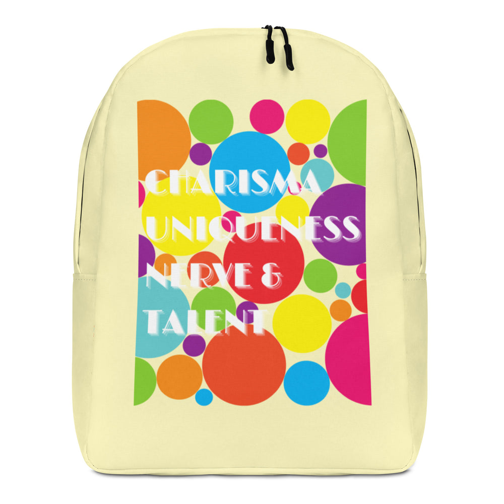 Front view of a pale yellow backpack with colorful circles and “CHARISMA UNIQUENESS NERVE & TALENT” text
