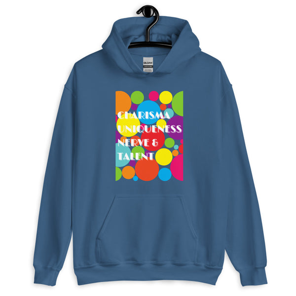 Front view of a blue pullover hoodie with colorful circles and “CHARISMA UNIQUENESS NERVE & TALENT” text