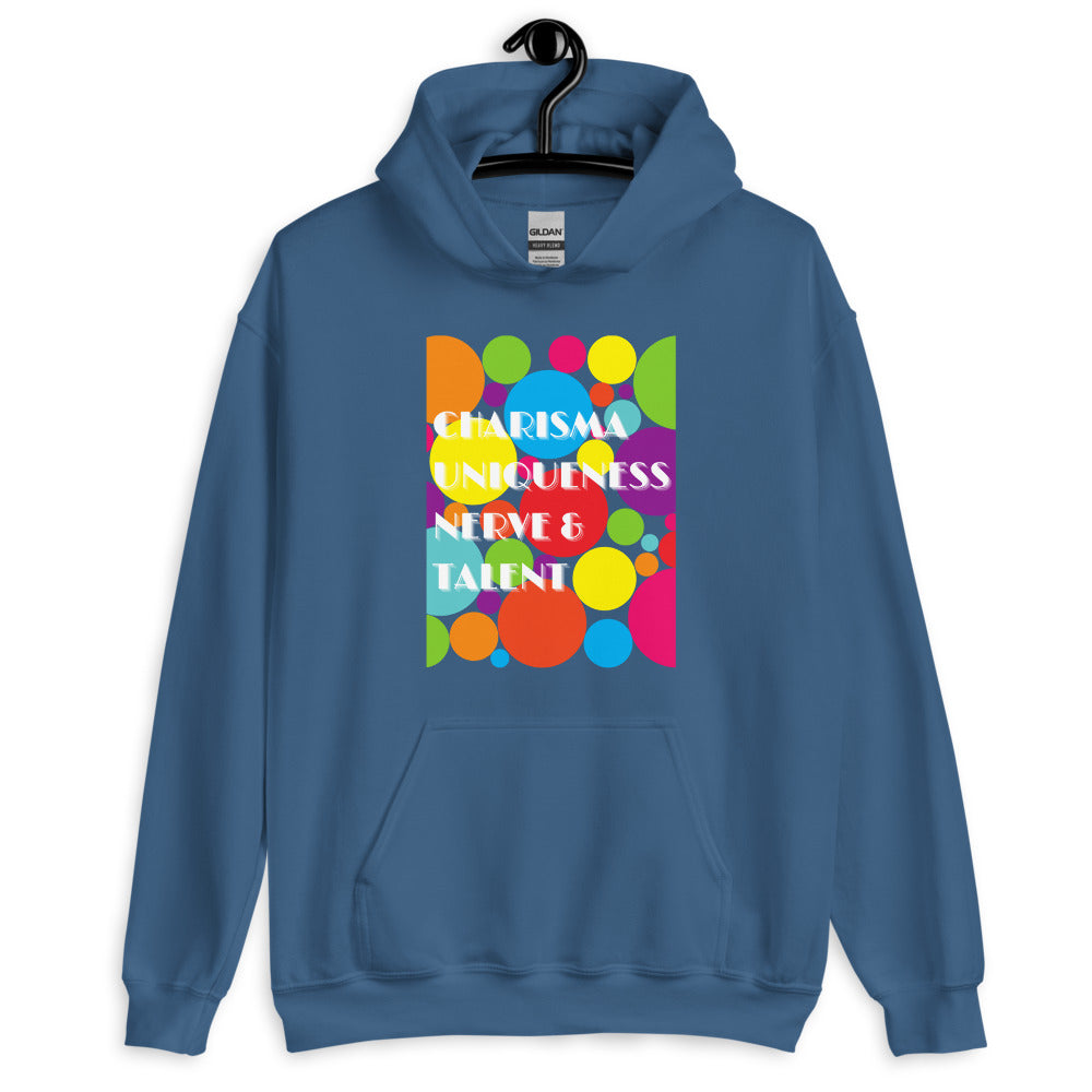 Front view of a blue pullover hoodie with colorful circles and “CHARISMA UNIQUENESS NERVE & TALENT” text