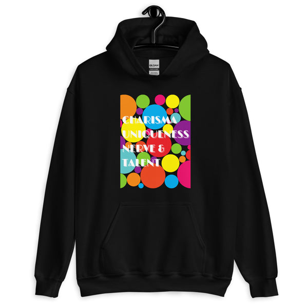 Front view of a black hoodie with colorful circles and “CHARISMA UNIQUENESS NERVE & TALENT” text