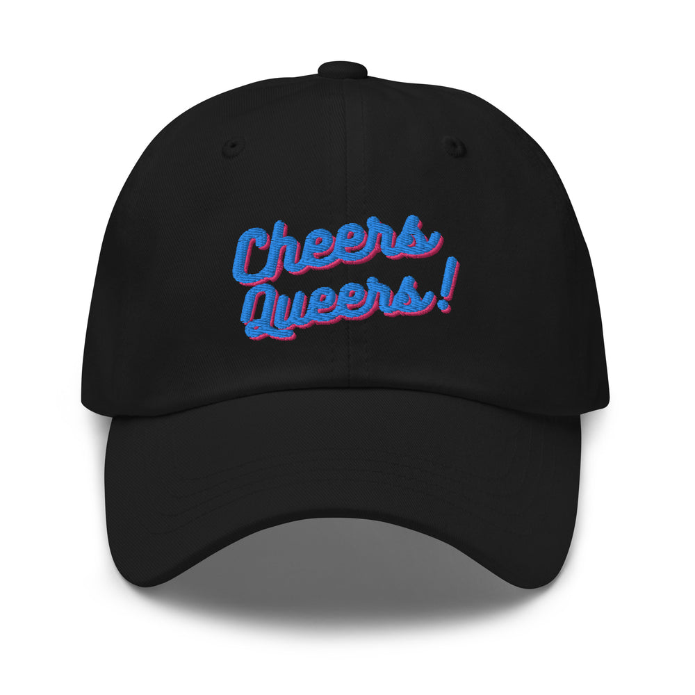 Front-facing black baseball cap embroidered with “Cheers Queers!” in blue and pink