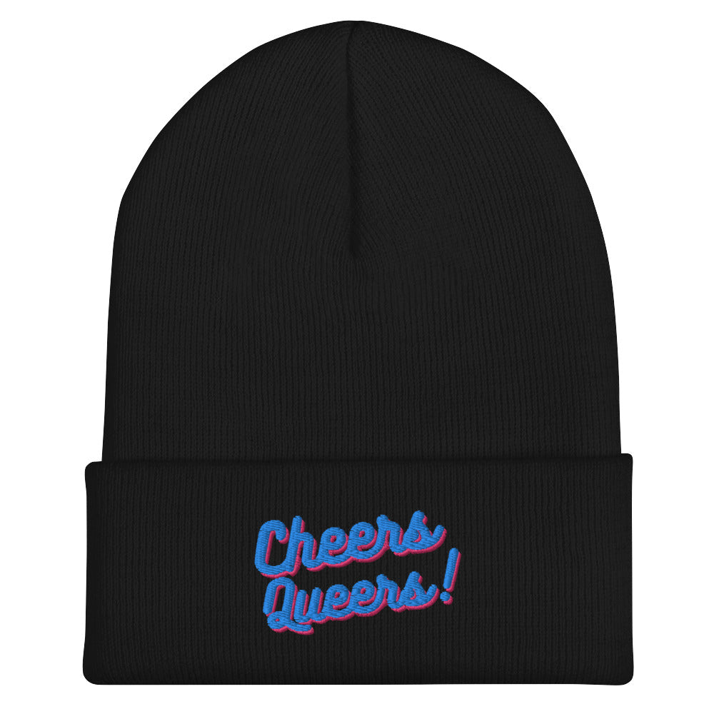 Front view of a black rib-knit cuffed beanie reading “Cheers Queers!” in blue and pink