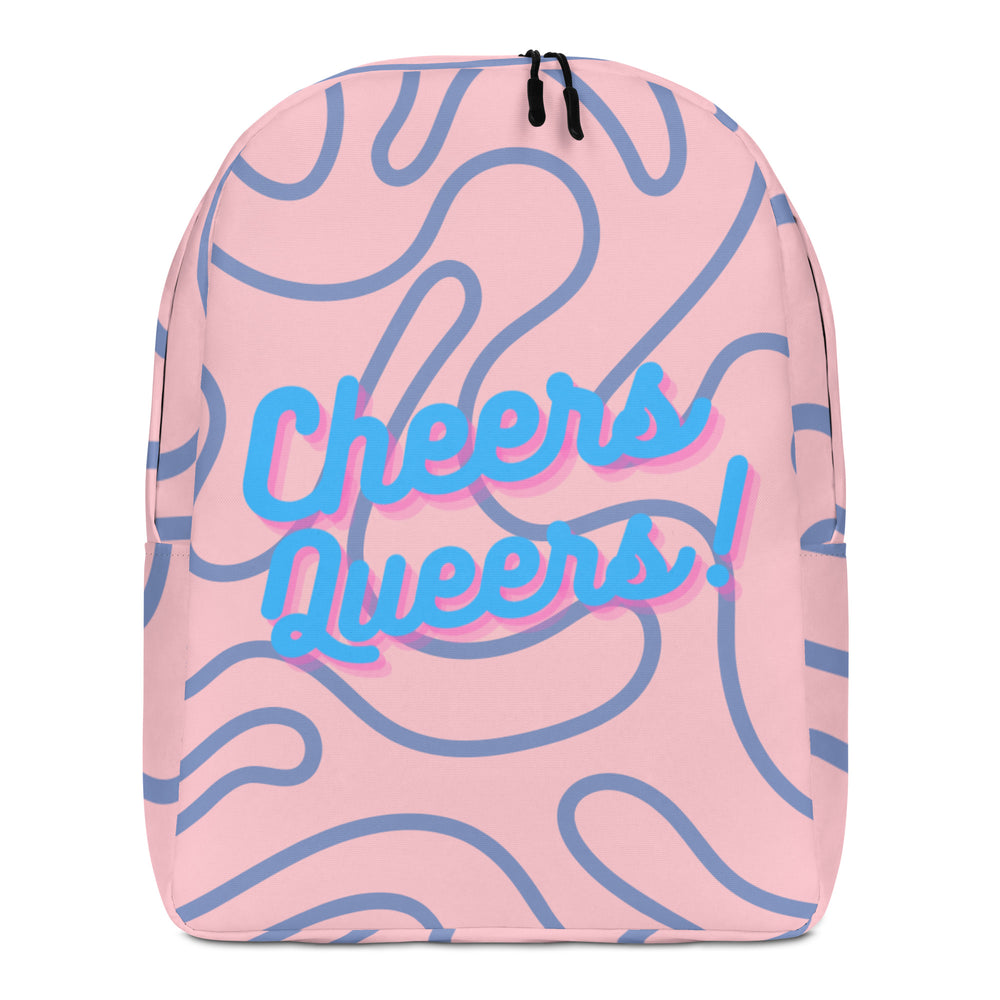 Front view of a pink backpack reading “Cheers Queers!” in blue and pink lettering
