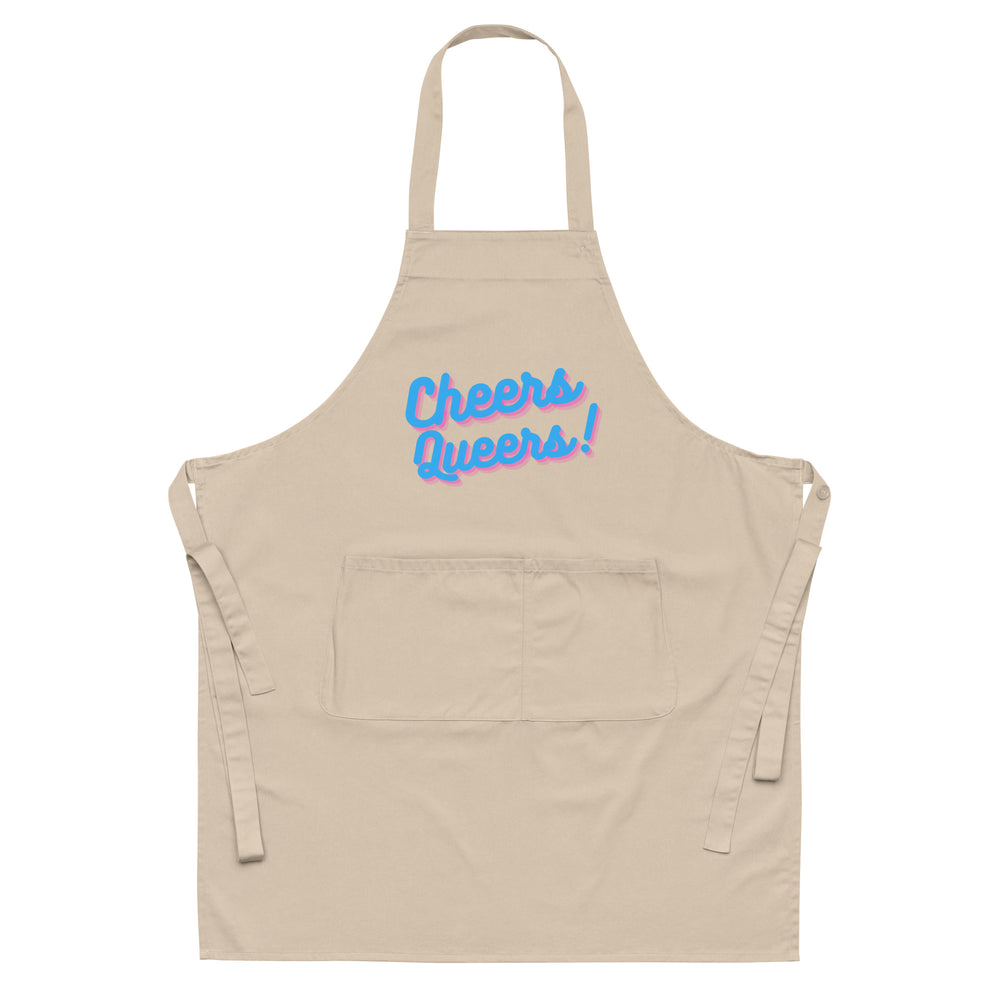 Front view of a beige apron with a front pocket and colorful “Cheers Queers!” lettering