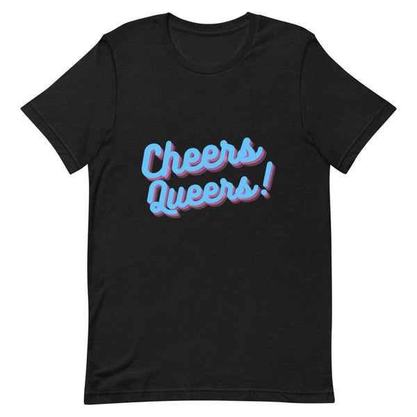 Black T-shirt with colorful retro lettering reading “Cheers Queers!”