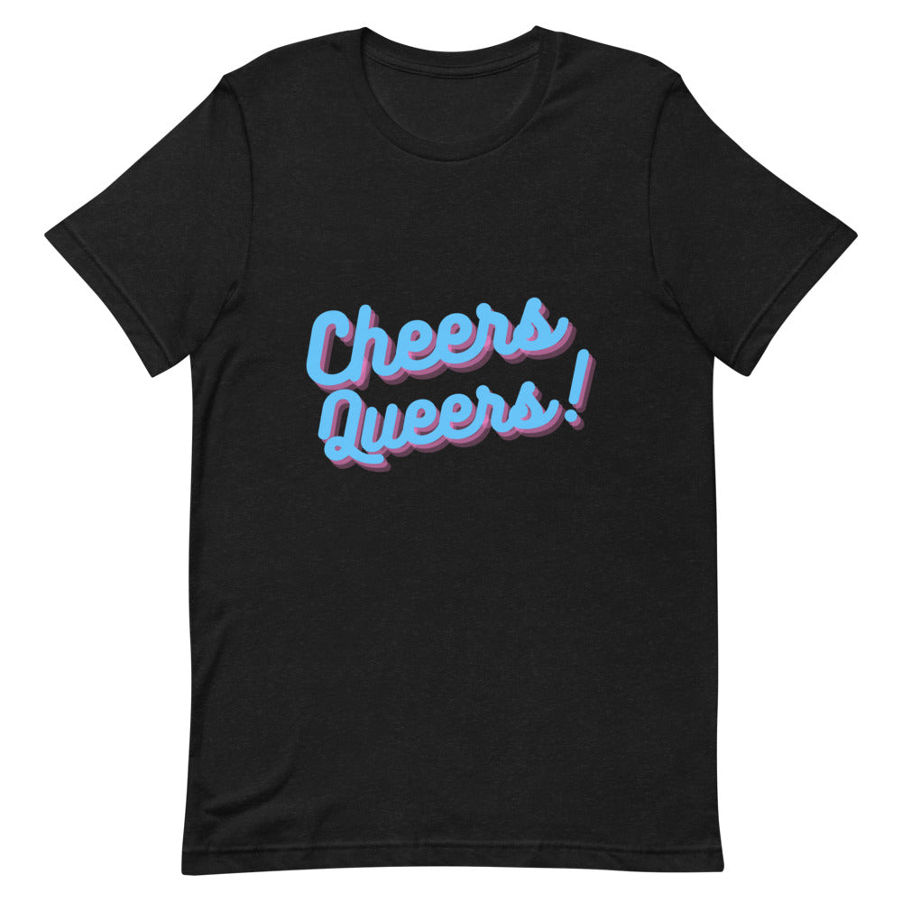Black T-shirt with colorful retro lettering reading “Cheers Queers!”