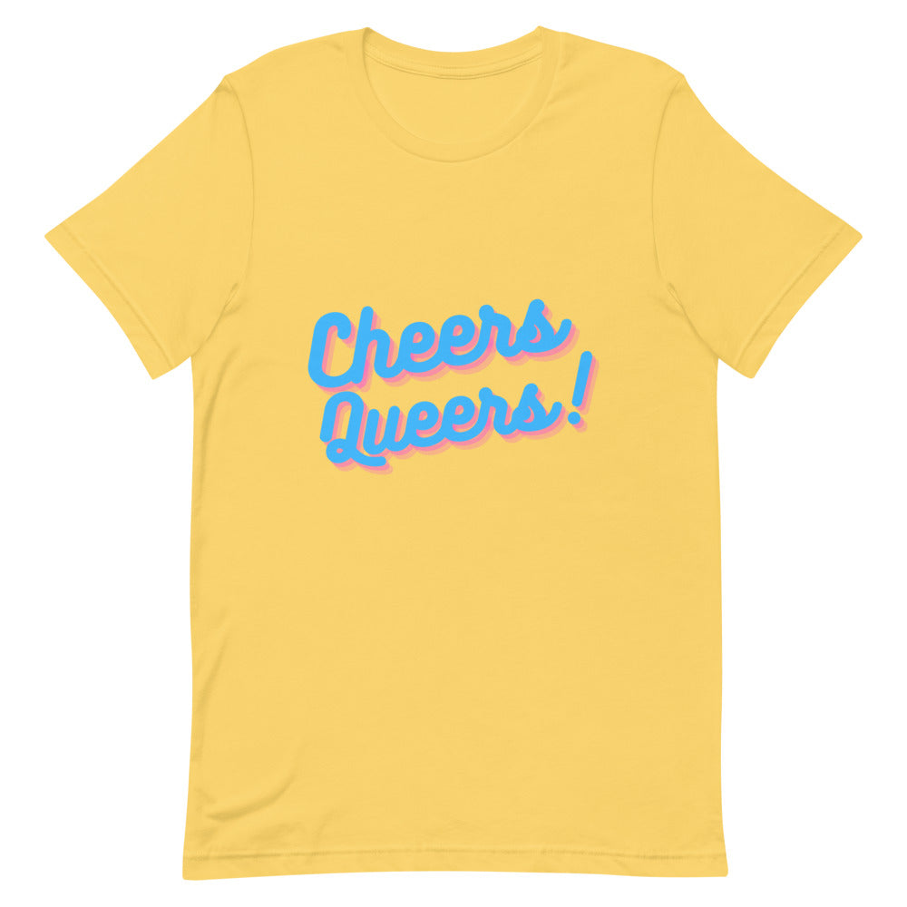 queers shirt: Cheers Queers! T-shirt and sparkly blue jacket worn by two queer folks hugging, party vibe with rainbow bunting