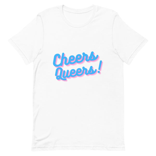 cheers queers shirt: Cheers Queers! T-shirt with bright, rainbow-bold lettering, worn indoors with black pants; soft