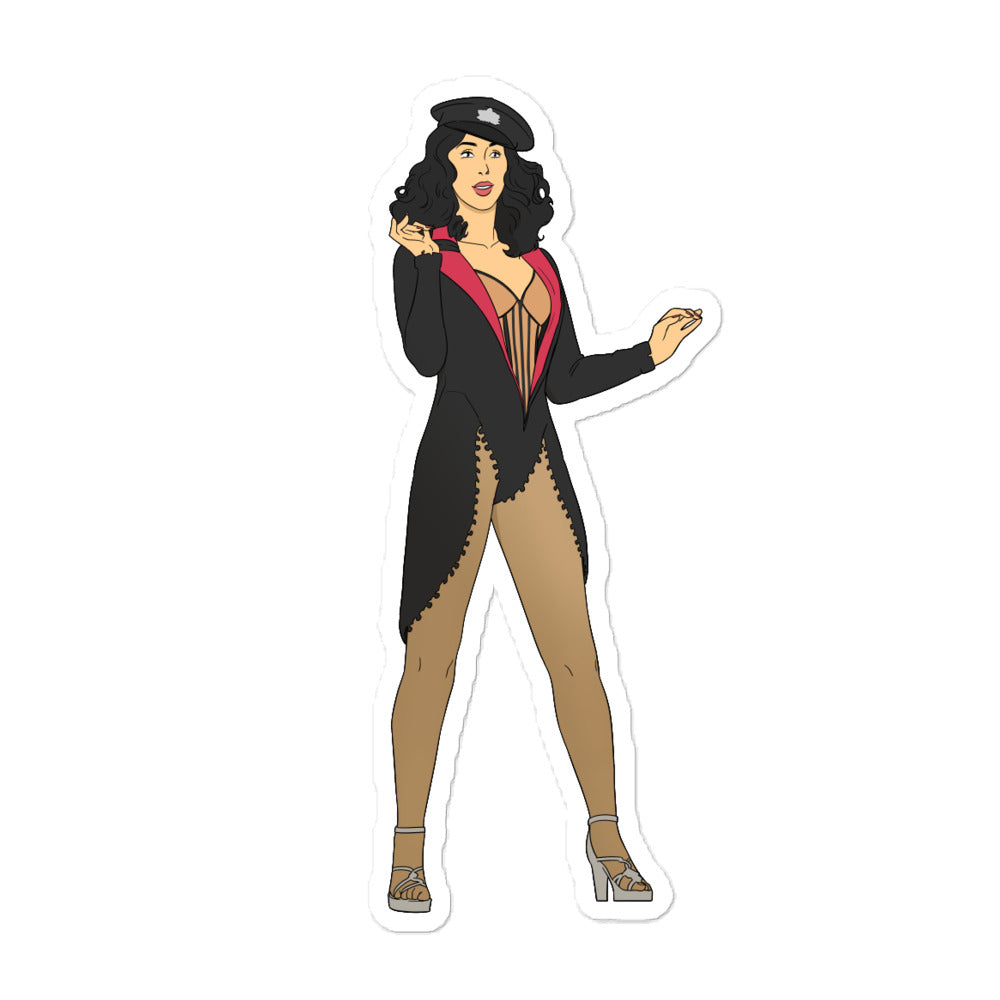 Full-body illustrated burlesque performer sticker in a black hat, jacket, corset, and heels