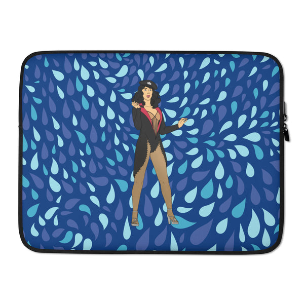 Front view of a blue laptop sleeve with a burlesque performer and teardrop pattern