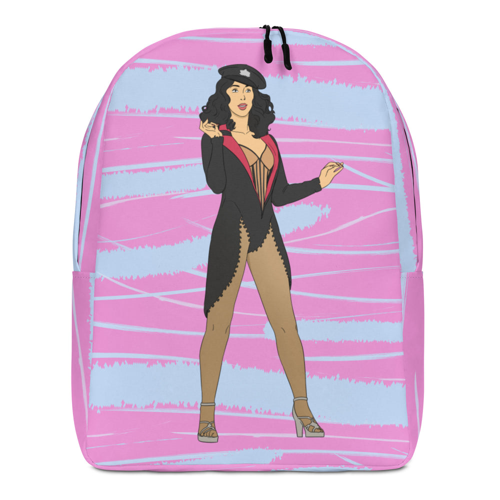 Front view of a pink and blue backpack featuring an illustrated burlesque performer