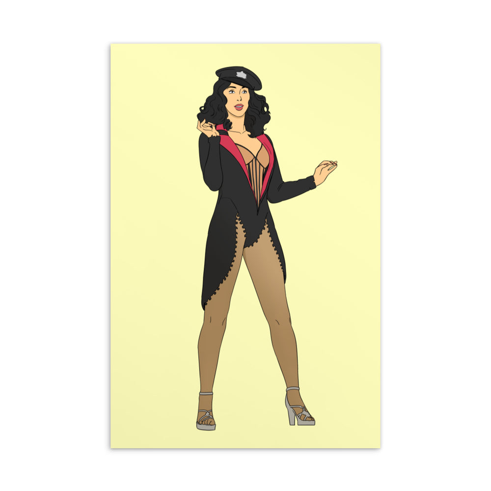 Illustrated postcard of a dark-haired burlesque performer in a black hat and coat