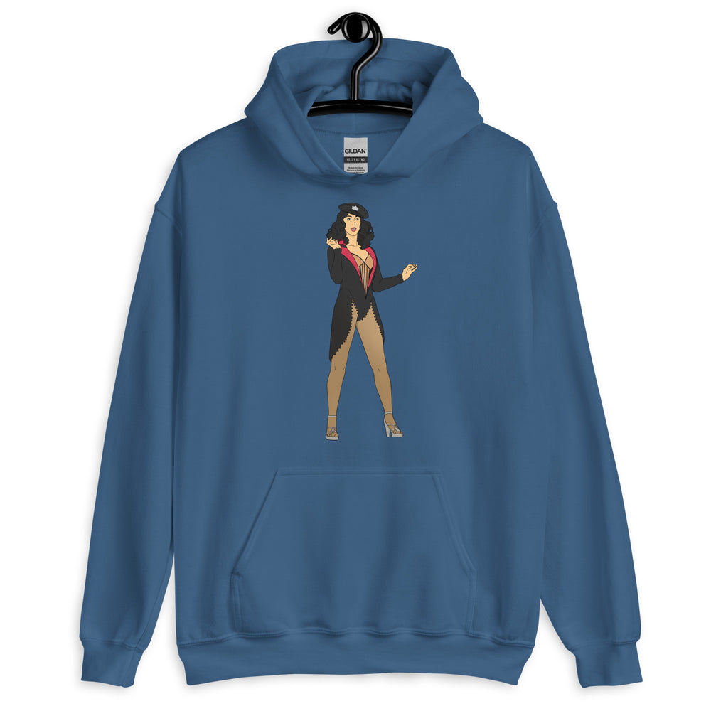Front view of a blue hoodie with a burlesque performer illustration and kangaroo pocket