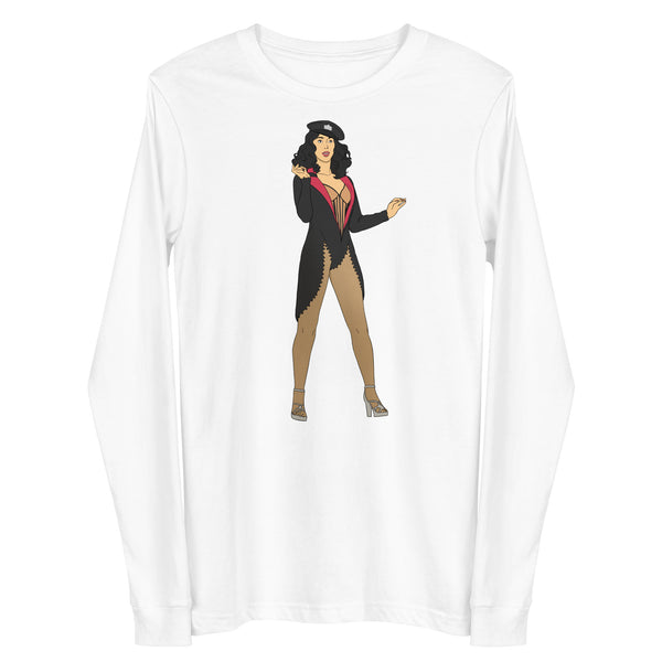 White long-sleeve shirt with a centered illustration of a burlesque performer in a black costume