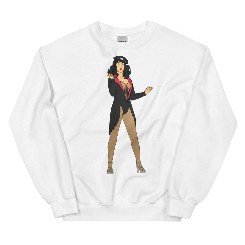 Front view of a white sweatshirt with a central illustration of a burlesque performer in black attire