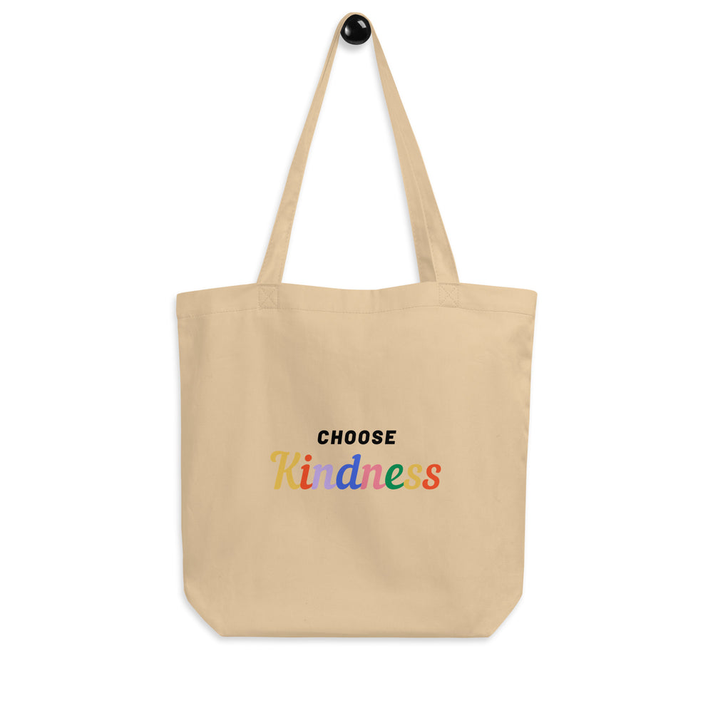 Natural canvas tote bag with long handles and colorful “CHOOSE Kindness” lettering