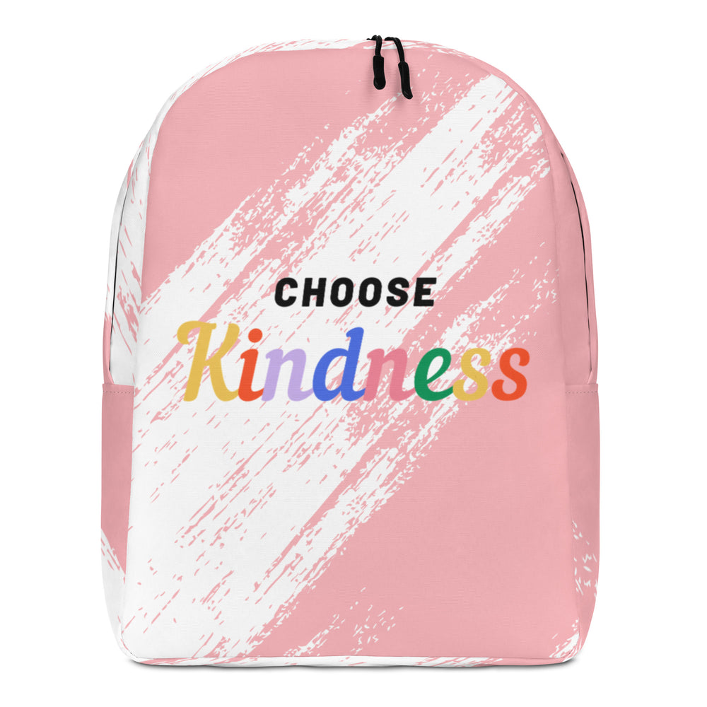 Front view of a pink-and-white backpack reading “CHOOSE Kindness” in multicolored letters