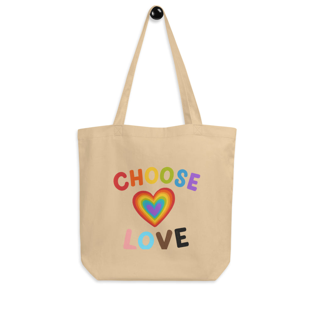 Natural canvas tote bag reading “CHOOSE LOVE” above a rainbow heart