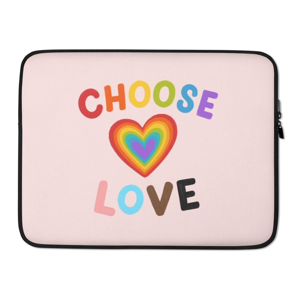 Pink laptop sleeve with black trim, colorful “CHOOSE LOVE” lettering, and a rainbow heart