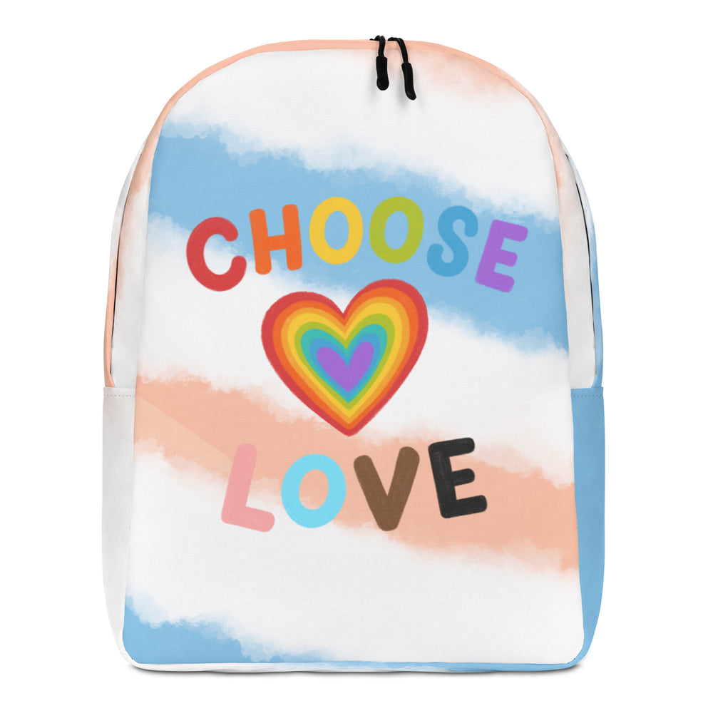 Front view of a colorful backpack reading “CHOOSE LOVE” with a rainbow heart