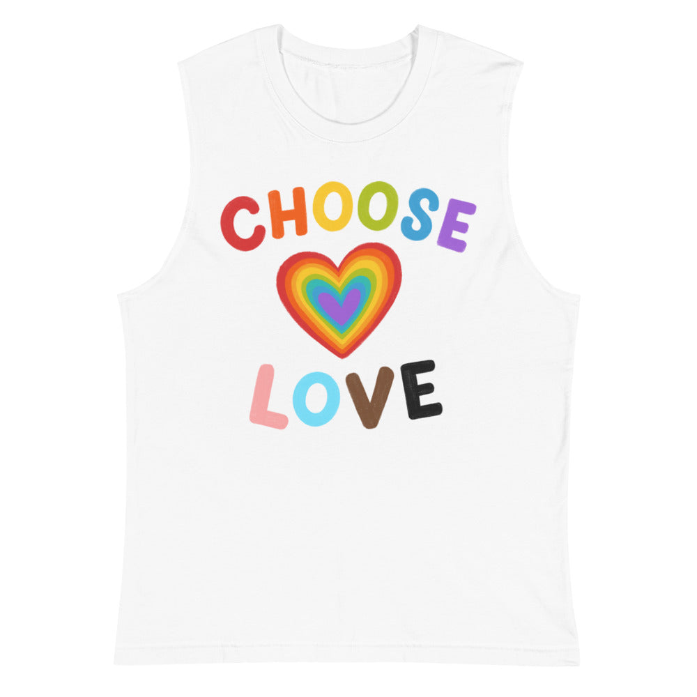 White sleeveless muscle tank with colorful “CHOOSE LOVE” lettering and rainbow heart