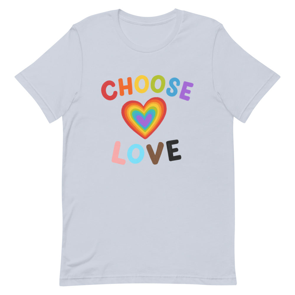 Light blue T-shirt with rainbow heart and colorful “CHOOSE LOVE” lettering