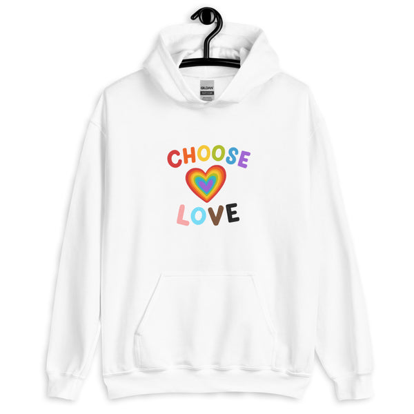 Front view of a white hoodie reading “CHOOSE LOVE” above a rainbow heart