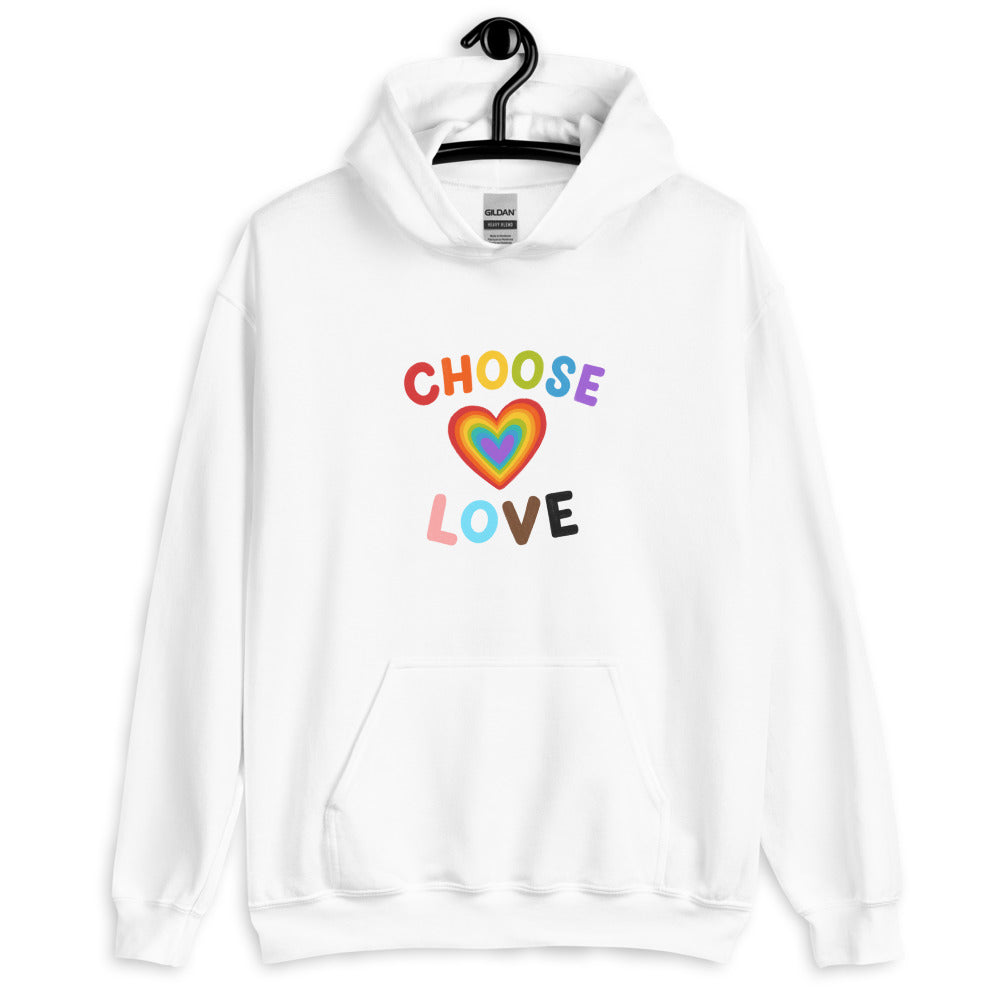 Front view of a white hoodie reading “CHOOSE LOVE” above a rainbow heart