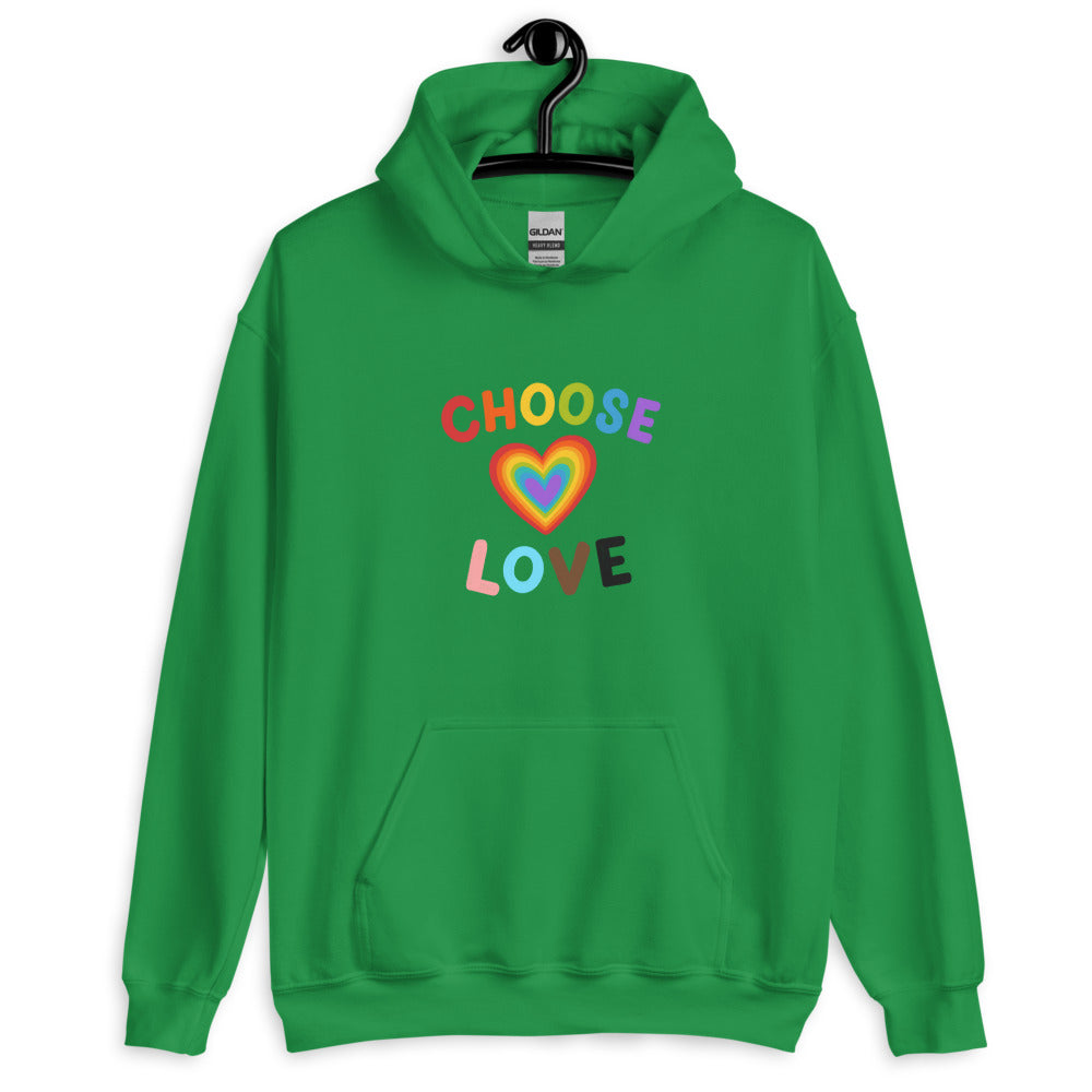 Front view of a green hoodie with rainbow heart and “CHOOSE LOVE” graphic