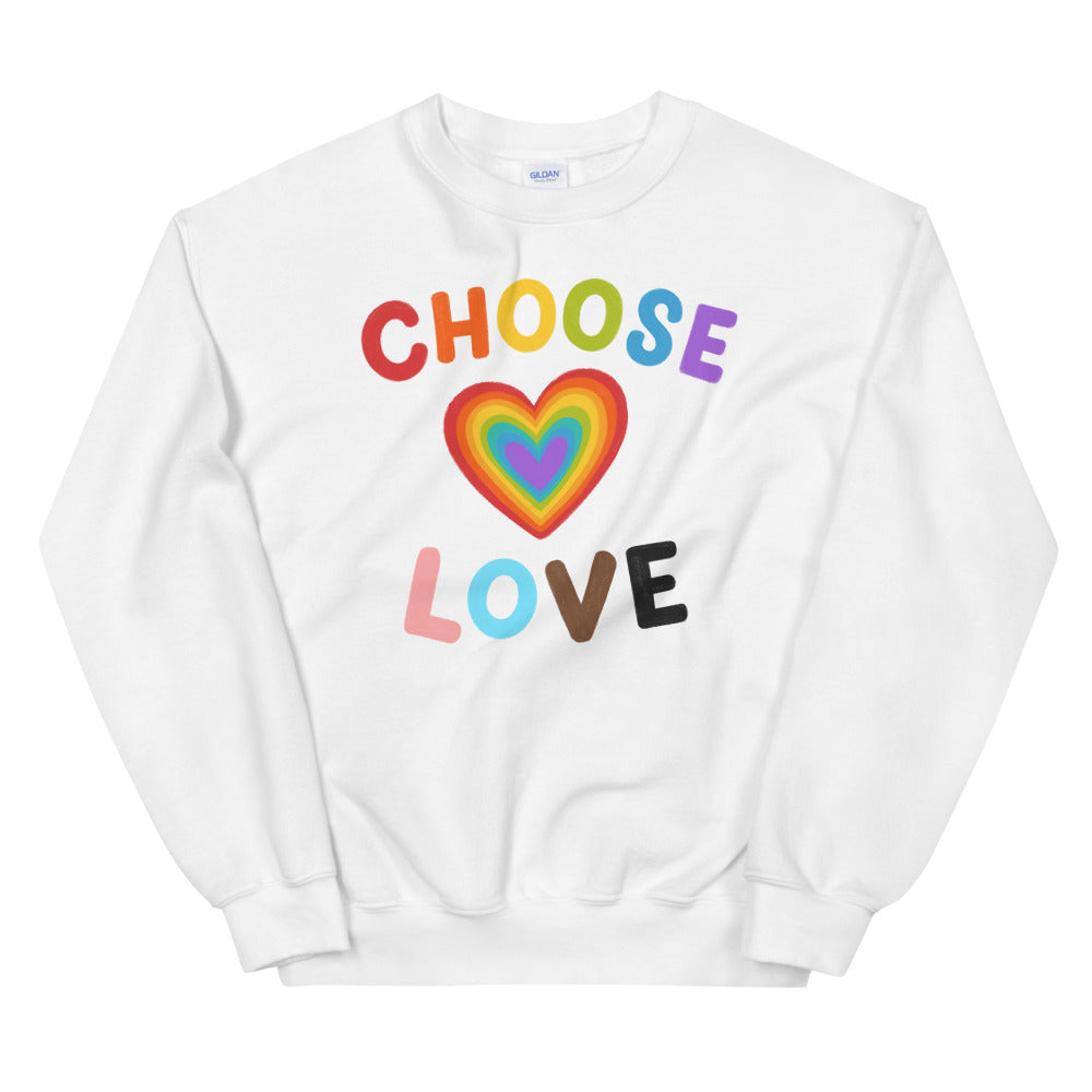Front view of a white sweatshirt reading “CHOOSE LOVE” with a rainbow heart