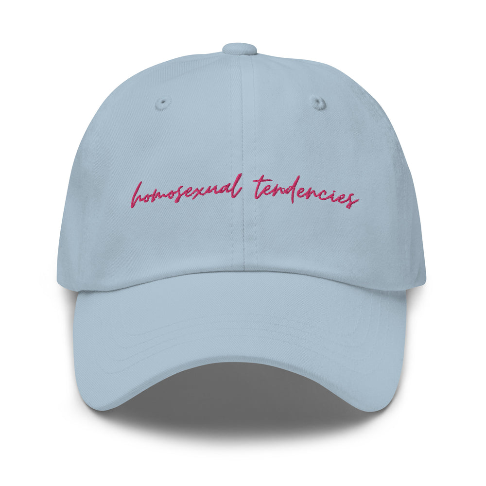 Front-facing light blue baseball cap with pink script reading “homosexual tendencies.”