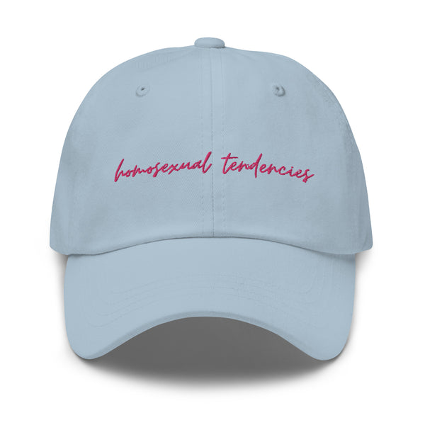 Front-facing light blue baseball cap with pink script reading “homosexual tendencies.”