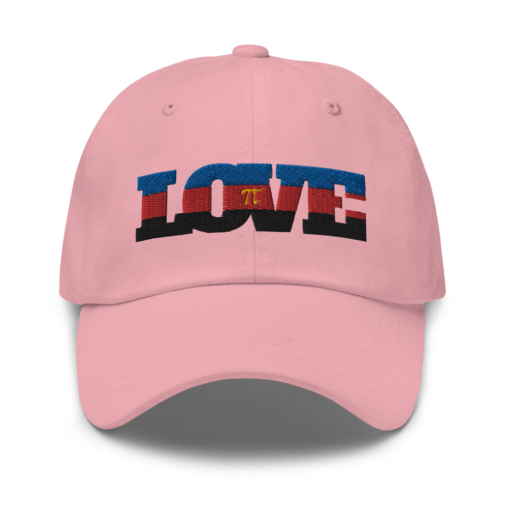 Front view of a pink baseball cap embroidered with striped LOVE lettering