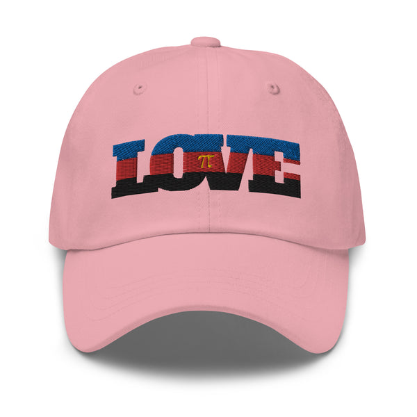 Front view of a pink baseball cap embroidered with striped LOVE lettering