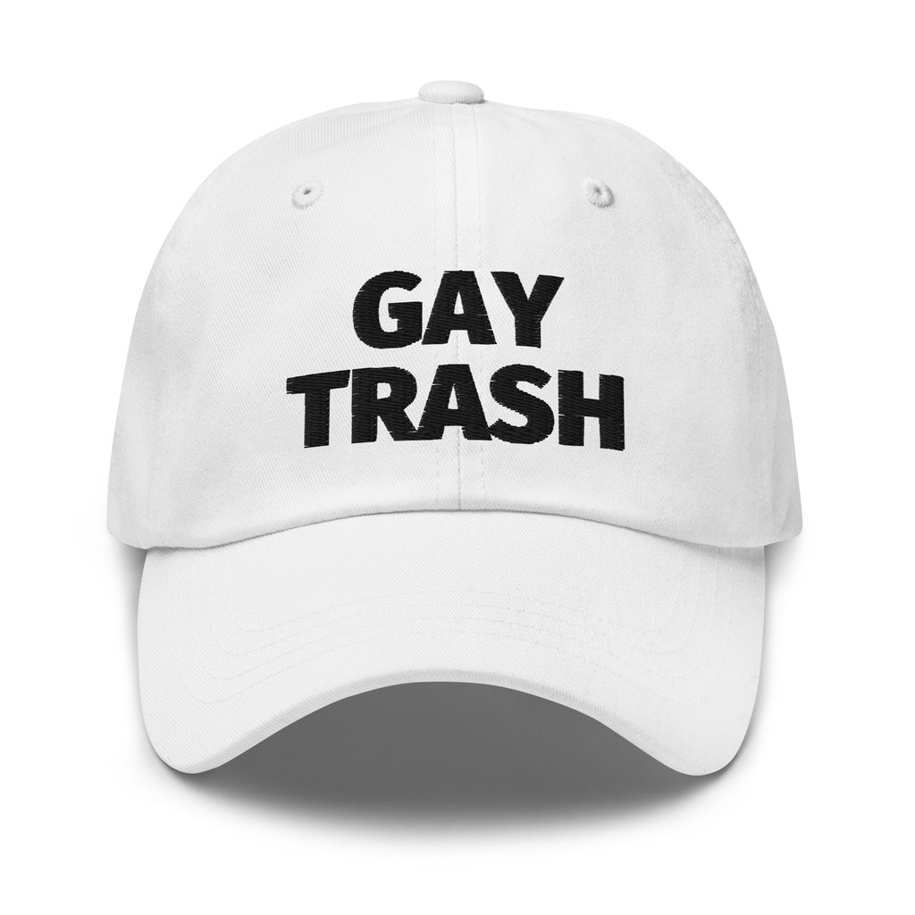 White Gay Trash (Black Text) Cap by Queer In The World Originals sold by Queer In The World: The Shop - LGBT Merch Fashion